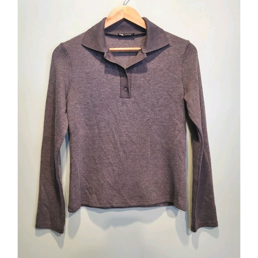 Zara Knit Collared Long Sleeve Henley Cropped Shirt Gray Sz M